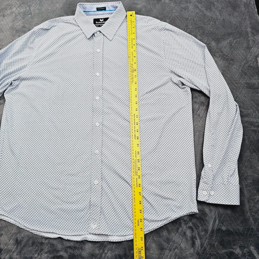 Buttercloth Button Up Shirt Mens 2XL White Blue Icy Cotton Geometric Regular Fit
